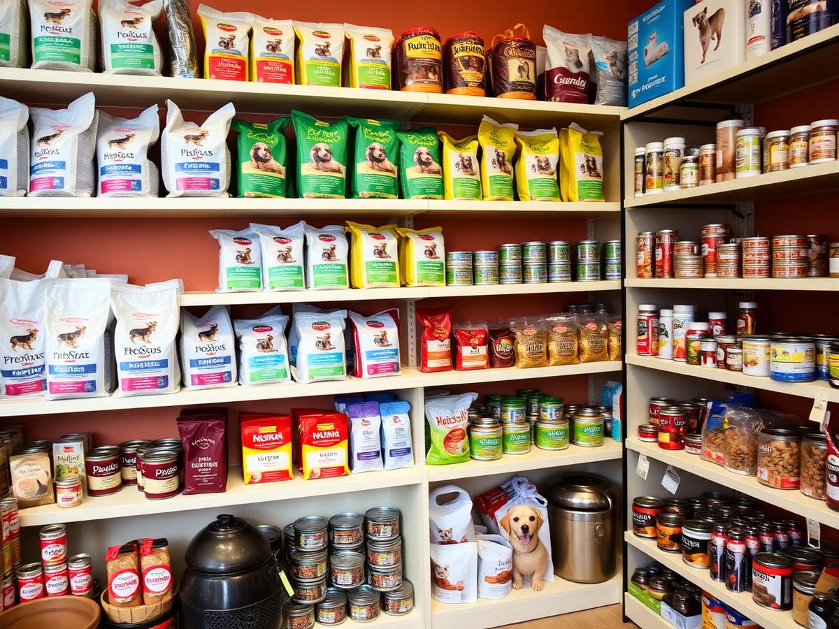 Scaffali ordinati con cibo e accessori per cani e gatti